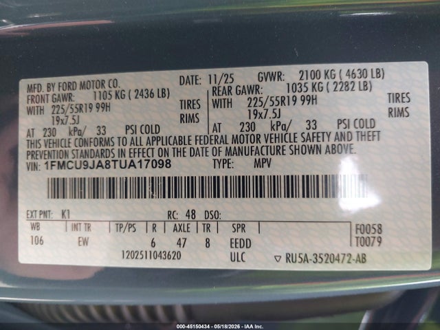 Продажа на аукционе авто 2026 Ford Escape Platinum, vin: 1FMCU9JA8TUA17098, номер лота: 45150434