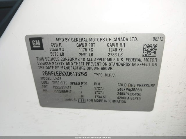 Продажа на аукционе авто 2013 Chevrolet Equinox 1lt, vin: 2GNFLEEKXD6118795, номер лота: 45150436