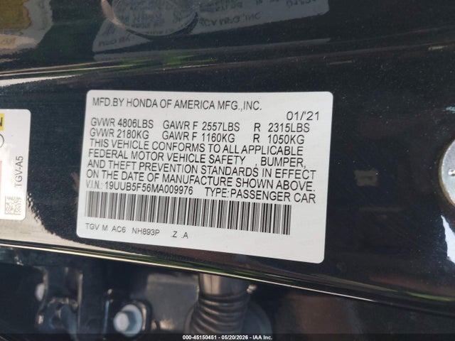 Aukcja sprzedaży 2021 Acura Tlx A-spec Package, vin: 19UUB5F56MA009976, numer aukcji: 45150451