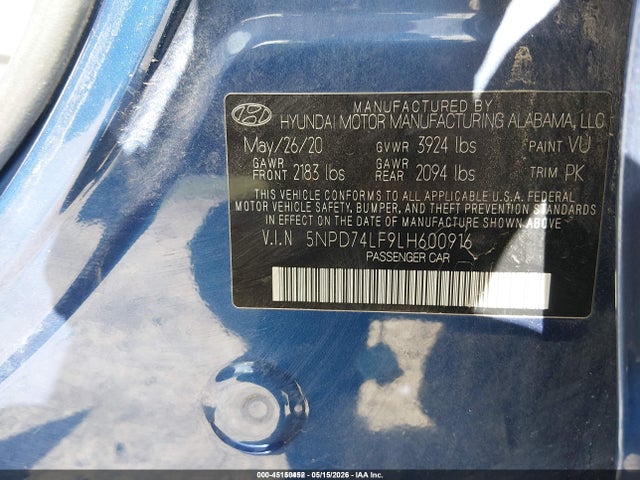 Aukcja sprzedaży 2020 Hyundai Elantra Se, vin: 5NPD74LF9LH600916, numer aukcji: 45150452