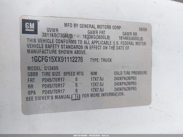 Продажа на аукционе авто 2009 Chevrolet Express 1500 Work Van, vin: 1GCFG15XX91112278, номер лота: 45150456