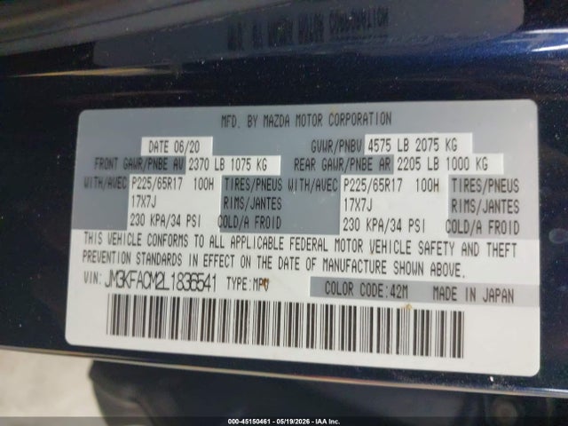 45150461 :رقم المزاد ، JM3KFACM2L1836541 vin ، 2020 Mazda Cx-5 Touring مزاد بيع