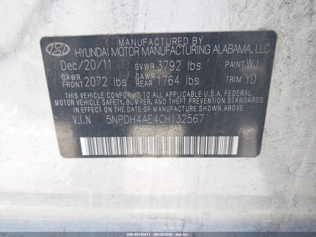 Aukcja sprzedaży 2012 Hyundai Elantra Limited, vin: 5NPDH4AE4CH132567, numer aukcji: 45150471