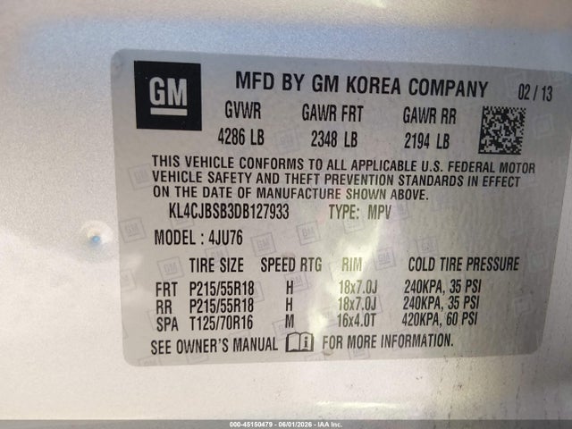 Aukcja sprzedaży 2013 Buick Encore Convenience, vin: KL4CJBSB3DB127933, numer aukcji: 45150479