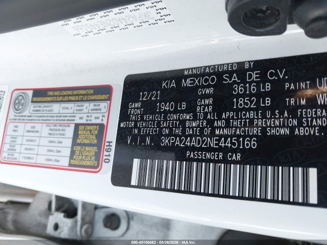 Aukcja sprzedaży 2022 Kia Rio Lx, vin: 3KPA24AD2NE445166, numer aukcji: 45150482
