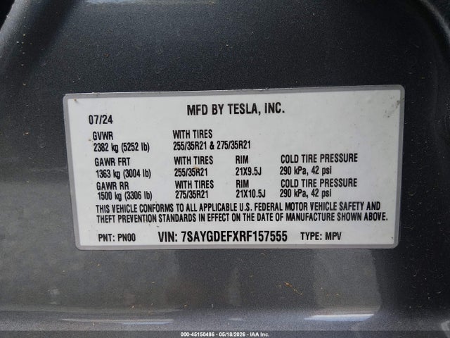 Aukcja sprzedaży 2024 Tesla Model Y Performance Dual Motor All-wheel Drive, vin: 7SAYGDEFXRF157555, numer aukcji: 45150486
