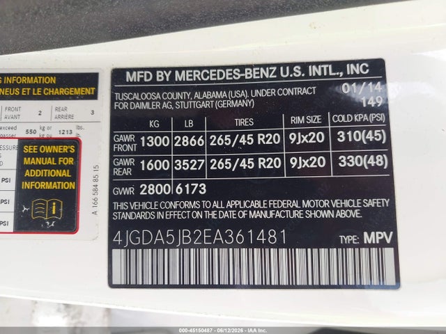 Продажа на аукционе авто 2014 Mercedes-benz Ml 350, vin: 4JGDA5JB2EA361481, номер лота: 45150487