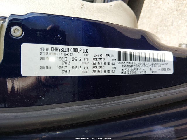 Продаж на аукціоні авто 2012 Chrysler Town & Country Limited, vin: 2C4RC1GG4CR345727, номер лоту: 45150490