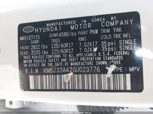 Продажа на аукционе авто 2016 Hyundai Tucson Se, vin: KM8J33A42GU023776, номер лота: 45150492