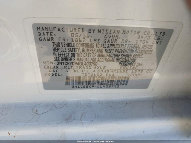 3N1CE2CP4GL403790 Nissan Versa Note Sv