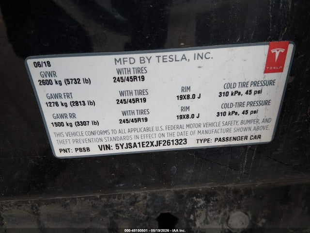 Продажа на аукционе авто 2018 Tesla Model S 100d/75d/p100d, vin: 5YJSA1E2XJF261323, номер лота: 45150501