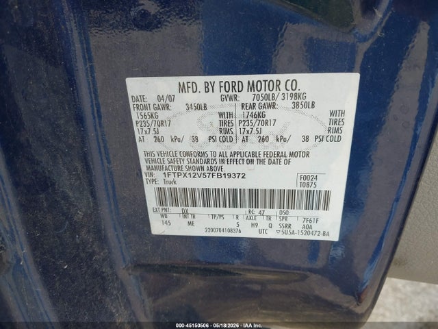Продажа на аукционе авто 2007 Ford F-150 Lariat/stx/xl/xlt, vin: 1FTPX12V57FB19372, номер лота: 45150506