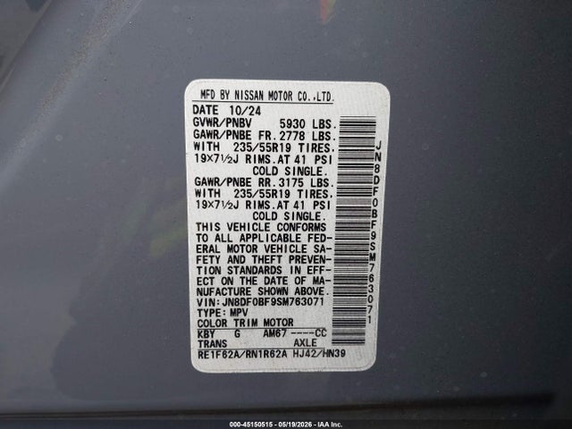 Aukcja sprzedaży 2025 Nissan Ariya Evolve+, vin: JN8DF0BF9SM763071, numer aukcji: 45150515