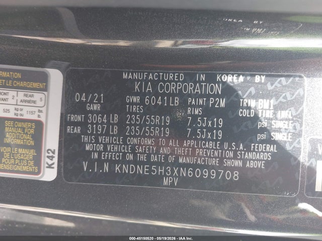 Продаж на аукціоні авто 2022 Kia Carnival Mpv Sx Prestige, vin: KNDNE5H3XN6099708, номер лоту: 45150520