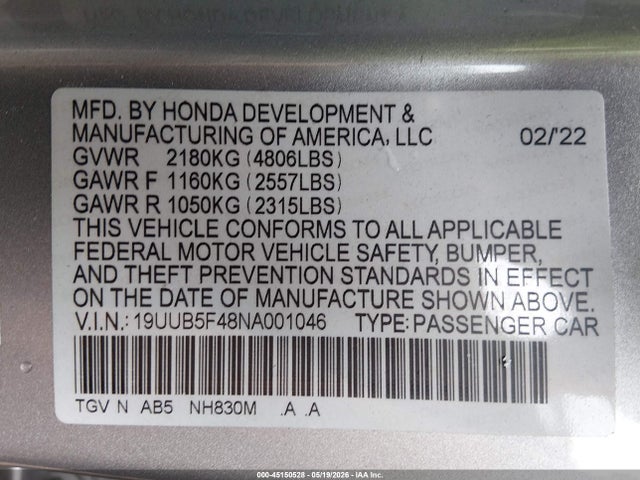 Aukcja sprzedaży 2022 Acura Tlx Technology Package, vin: 19UUB5F48NA001046, numer aukcji: 45150528