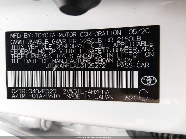 Продаж на аукціоні авто 2020 Toyota Prius Le, vin: JTDKARFUXL3125272, номер лоту: 45150530