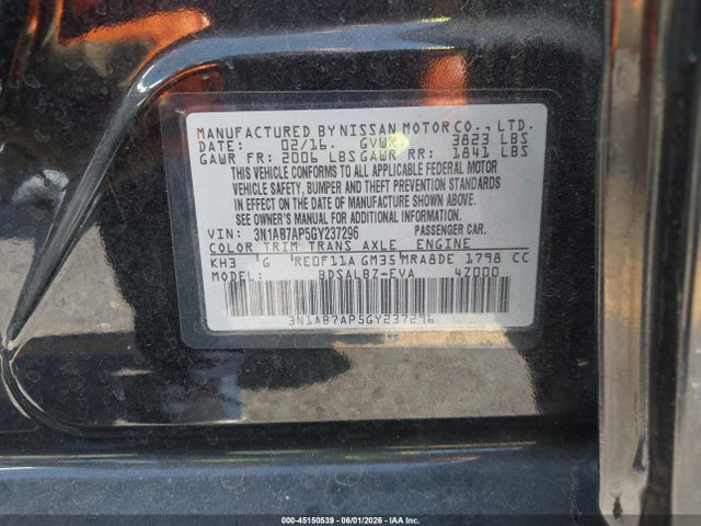 Продажа на аукционе авто 2016 Nissan Sentra S, vin: 3N1AB7AP5GY237296, номер лота: 45150539