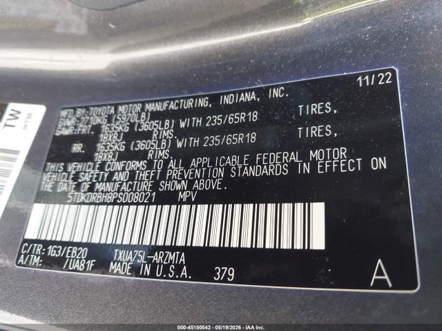 Aukcja sprzedaży 2023 Toyota Highlander Xle, vin: 5TDKDRBH8PS008021, numer aukcji: 45150542