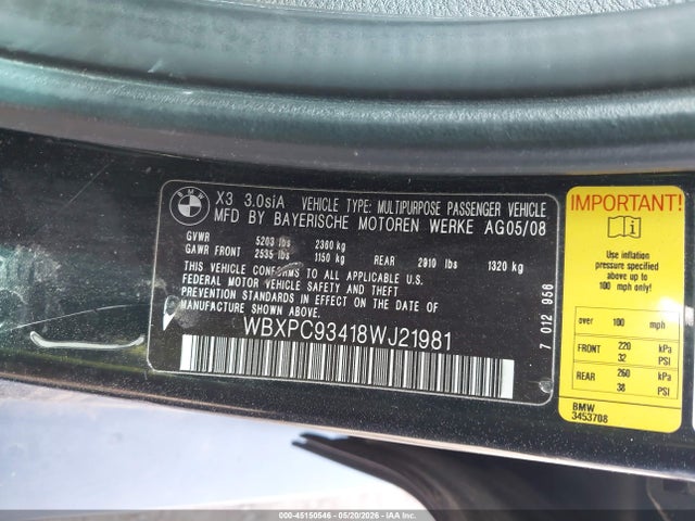 Продаж на аукціоні авто 2008 Bmw X3 3.0si, vin: WBXPC93418WJ21981, номер лоту: 45150546