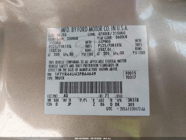 45150556 :رقم المزاد ، 1FTYR44U43PB64649 vin ، 2003 Ford Ranger Edge/tremor/xlt مزاد بيع