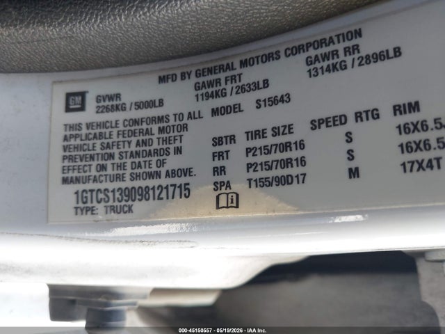 Aukcja sprzedaży 2009 Gmc Canyon Sle1, vin: 1GTCS139098121715, numer aukcji: 45150557