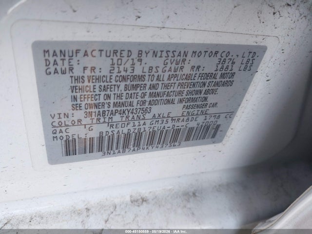 2019 Nissan Sentra Sv მანქანა იყიდება აუქციონზე, vin: 3N1AB7AP4KY437563, აუქციონის ნომერი: 45150559