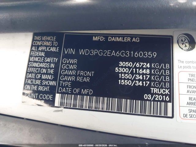 Aukcja sprzedaży 2016 Mercedes-benz Metris, vin: WD3PG2EA6G3160359, numer aukcji: 45150560
