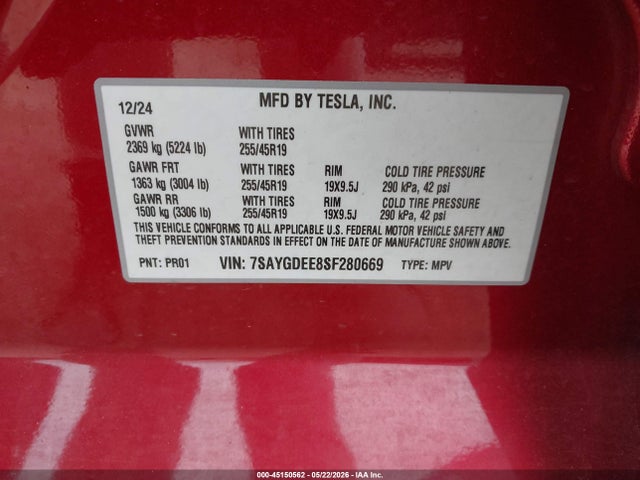 Продажа на аукционе авто 2025 Tesla Model Y Long Range Dual Motor All-wheel Drive, vin: 7SAYGDEE8SF280669, номер лота: 45150562
