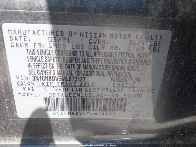 Aukcja sprzedaży 2021 Nissan Versa S Xtronic Cvt, vin: 3N1CN8DV5ML873127, numer aukcji: 45150568