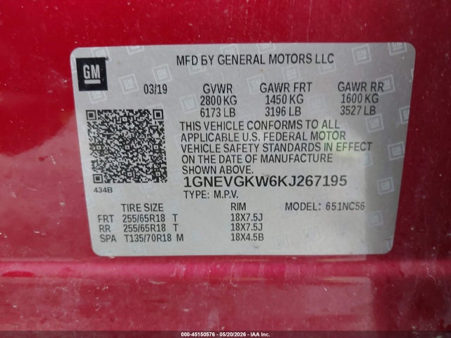 Aukcja sprzedaży 2019 Chevrolet Traverse Lt, vin: 1GNEVGKW6KJ267195, numer aukcji: 45150576
