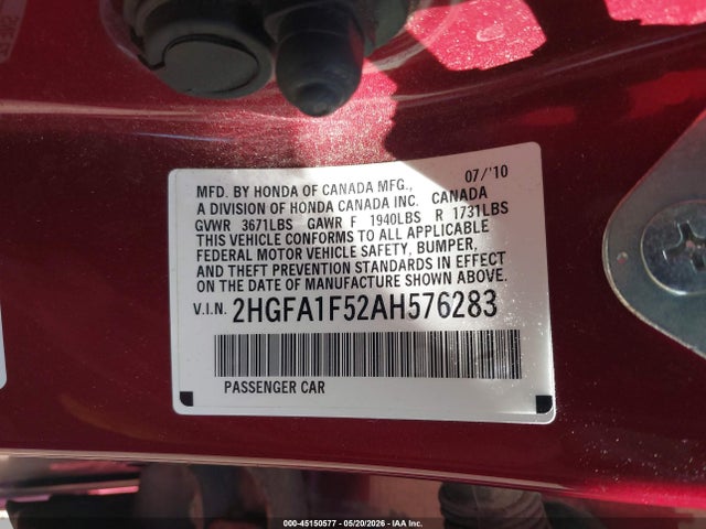 Продажа на аукционе авто 2010 Honda Civic Lx, vin: 2HGFA1F52AH576283, номер лота: 45150577