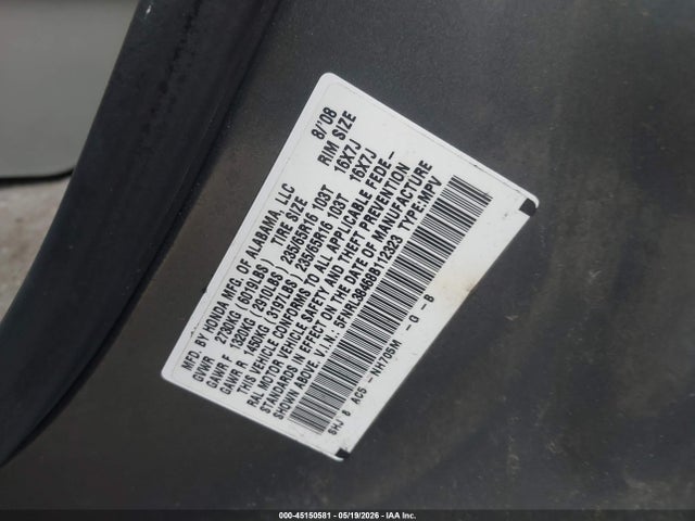 45150581 :رقم المزاد ، 5FNRL38468B112323 vin ، 2008 Honda Odyssey Ex مزاد بيع