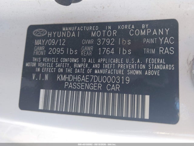2013 Hyundai Elantra Gs მანქანა იყიდება აუქციონზე, vin: KMHDH6AE7DU000319, აუქციონის ნომერი: 45150592
