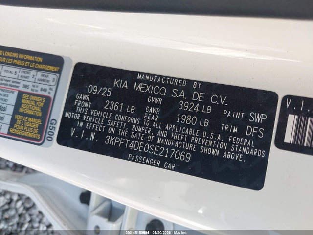 Aukcja sprzedaży 2025 Kia K4 Lxs, vin: 3KPFT4DE0SE217069, numer aukcji: 45150594