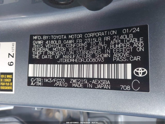 Aukcja sprzedaży 2024 Toyota Corolla Hybrid Se, vin: JTDBDMHE0RJ008093, numer aukcji: 45150602