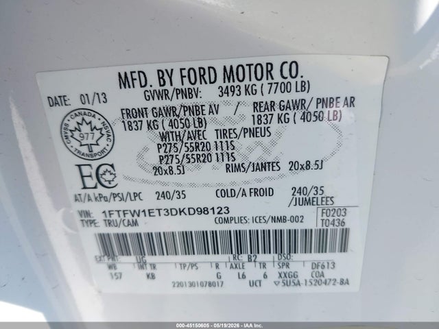 2013 Ford F-150 King Ranch მანქანა იყიდება აუქციონზე, vin: 1FTFW1ET3DKD98123, აუქციონის ნომერი: 45150605