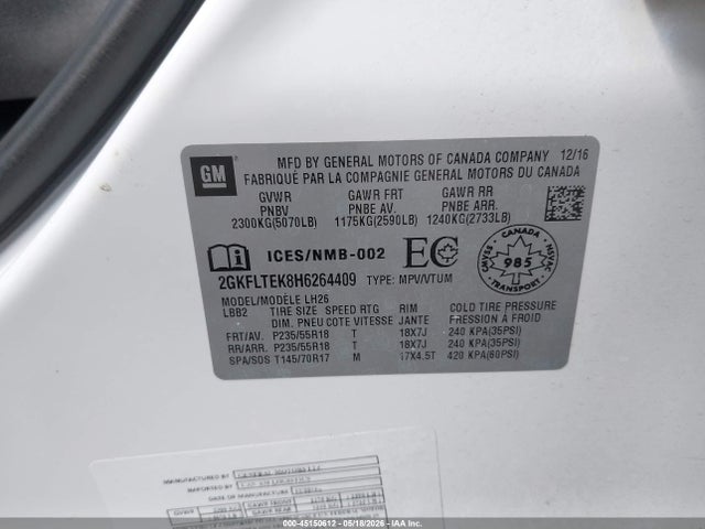 45150612 :رقم المزاد ، 2GKFLTEK8H6264409 vin ، 2017 Gmc Terrain Sle-2 مزاد بيع