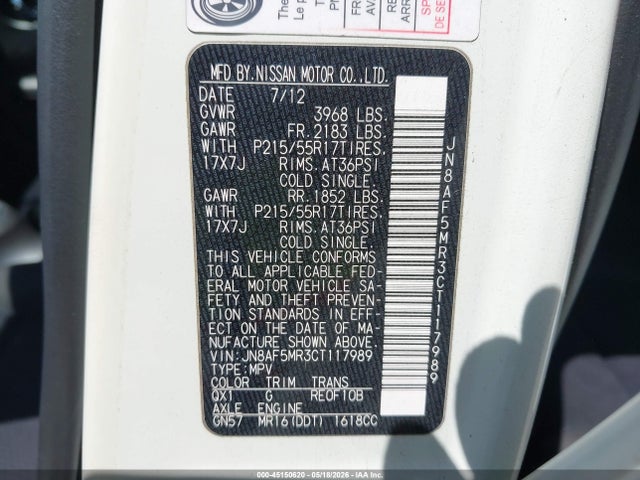 45150620 :رقم المزاد ، JN8AF5MR3CT117989 vin ، 2012 Nissan Juke Sv مزاد بيع