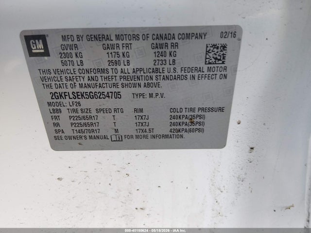 Продаж на аукціоні авто 2016 Gmc Terrain Sle-1, vin: 2GKFLSEK5G6254705, номер лоту: 45150624