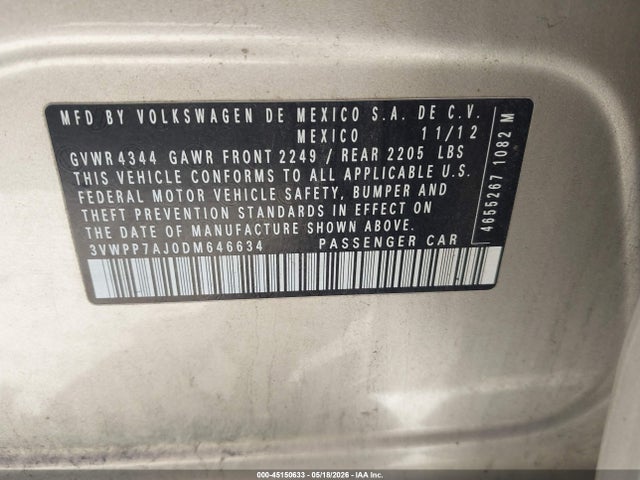 45150633 :رقم المزاد ، 3VWPP7AJ0DM646634 vin ، 2013 Volkswagen Jetta Sportwagen 2.5l S مزاد بيع