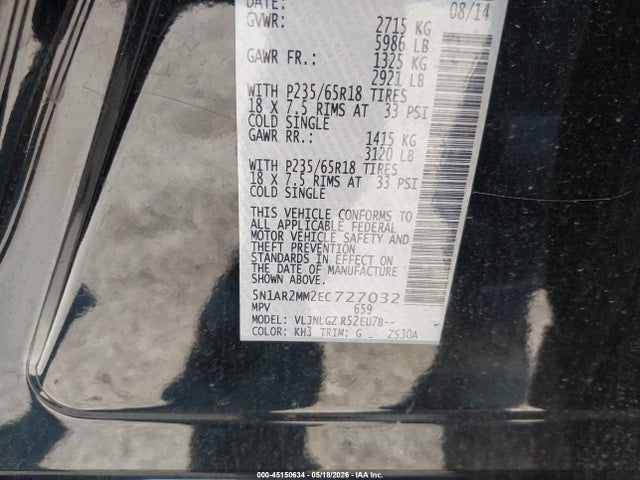 Aukcja sprzedaży 2014 Nissan Pathfinder Sl, vin: 5N1AR2MM2EC727032, numer aukcji: 45150634