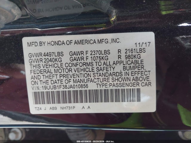 45150635 :رقم المزاد ، 19UUB1F38JA010856 vin ، 2018 Acura Tlx مزاد بيع