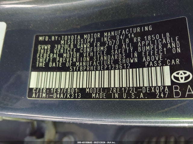 Aukcja sprzedaży 2014 Toyota Corolla Le Eco, vin: 5YFBPRHE8EP129612, numer aukcji: 45150645