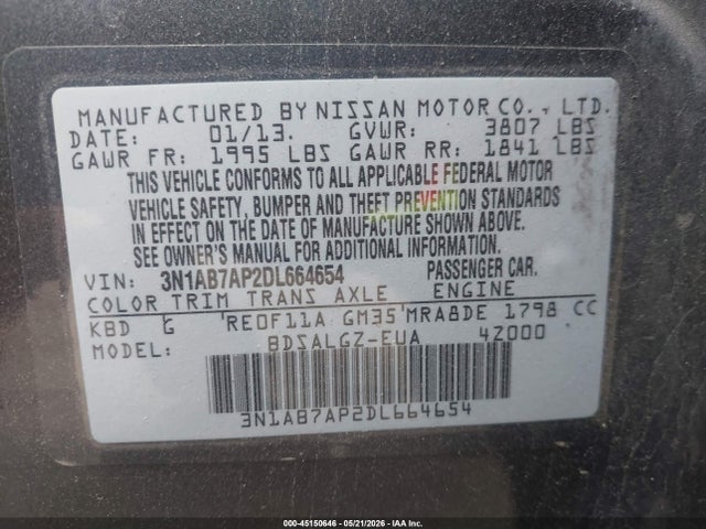 Продаж на аукціоні авто 2013 Nissan Sentra Sl, vin: 3N1AB7AP2DL664654, номер лоту: 45150646