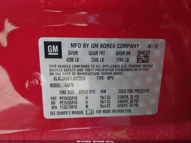 45150650 :رقم المزاد ، KL4CJASB1LB022834 vin ، 2020 Buick Encore Fwd Preferred مزاد بيع