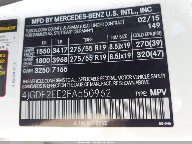 45150651 :رقم المزاد ، 4JGDF2EE2FA550962 vin ، 2015 Mercedes-benz Gl 350 Bluetec 4matic مزاد بيع