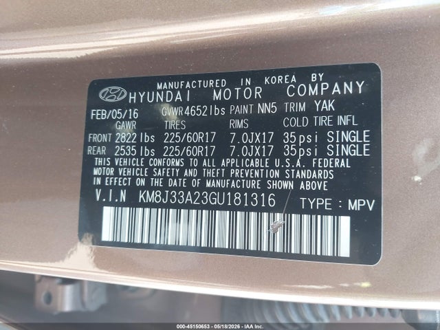Продажа на аукционе авто 2016 Hyundai Tucson Eco, vin: KM8J33A23GU181316, номер лота: 45150653