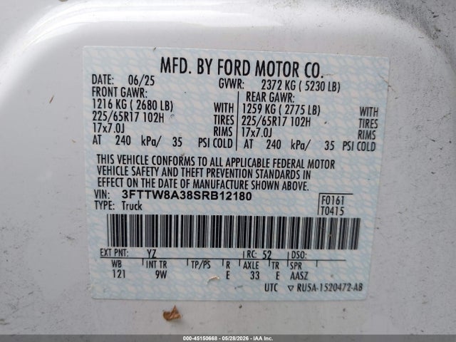 Aukcja sprzedaży 2025 Ford Maverick Xl, vin: 3FTTW8A38SRB12180, numer aukcji: 45150668