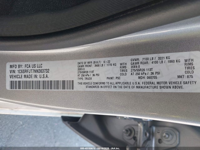 Продаж на аукціоні авто 2022 Ram 1500 Laramie  4x4 5'7 Box, vin: 1C6SRFJT7NN363732, номер лоту: 45150670