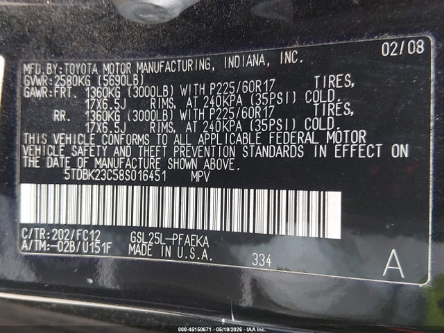 Aukcja sprzedaży 2008 Toyota Sienna Le, vin: 5TDBK23C58S016451, numer aukcji: 45150671